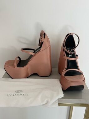 Versace Rose-Tone Platform Wedge Sandals with Ankle Strap